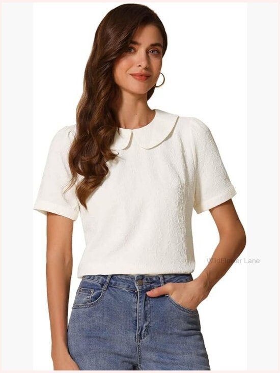 Tops - Peter Pan Collar Blouse with Puff Short Sleeve Floral Jacquard Kawaii Top